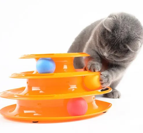 Interactive Tower Cat Toy -Tracks Interactive 3-Tier Cat Track Toy with Spinning Balls-Orange-Green