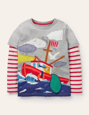 Lift-the-flap Fishing T-shirt-Grey Marl Fishing Boat